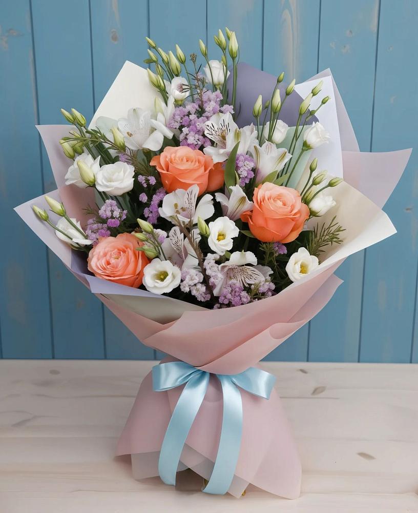 Букет цветов из: Лизиантусы, Розы, Альстромерии и Гипсофила в Сунтаре